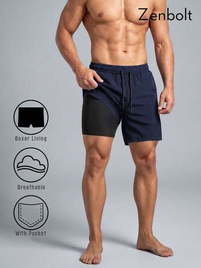 ZULIZ Quần short thể thao nam Zenbolt có dây rút eo và túi bên, màu đen trơn, kiểu dáng thường ngày, thích hợp cho tập luyện, thể dục, đi biển.