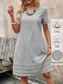 Vestido casual recto de unicolor, cuello redondo, manga corta para mujer, de verano - Blanco y Negro - Ver 1