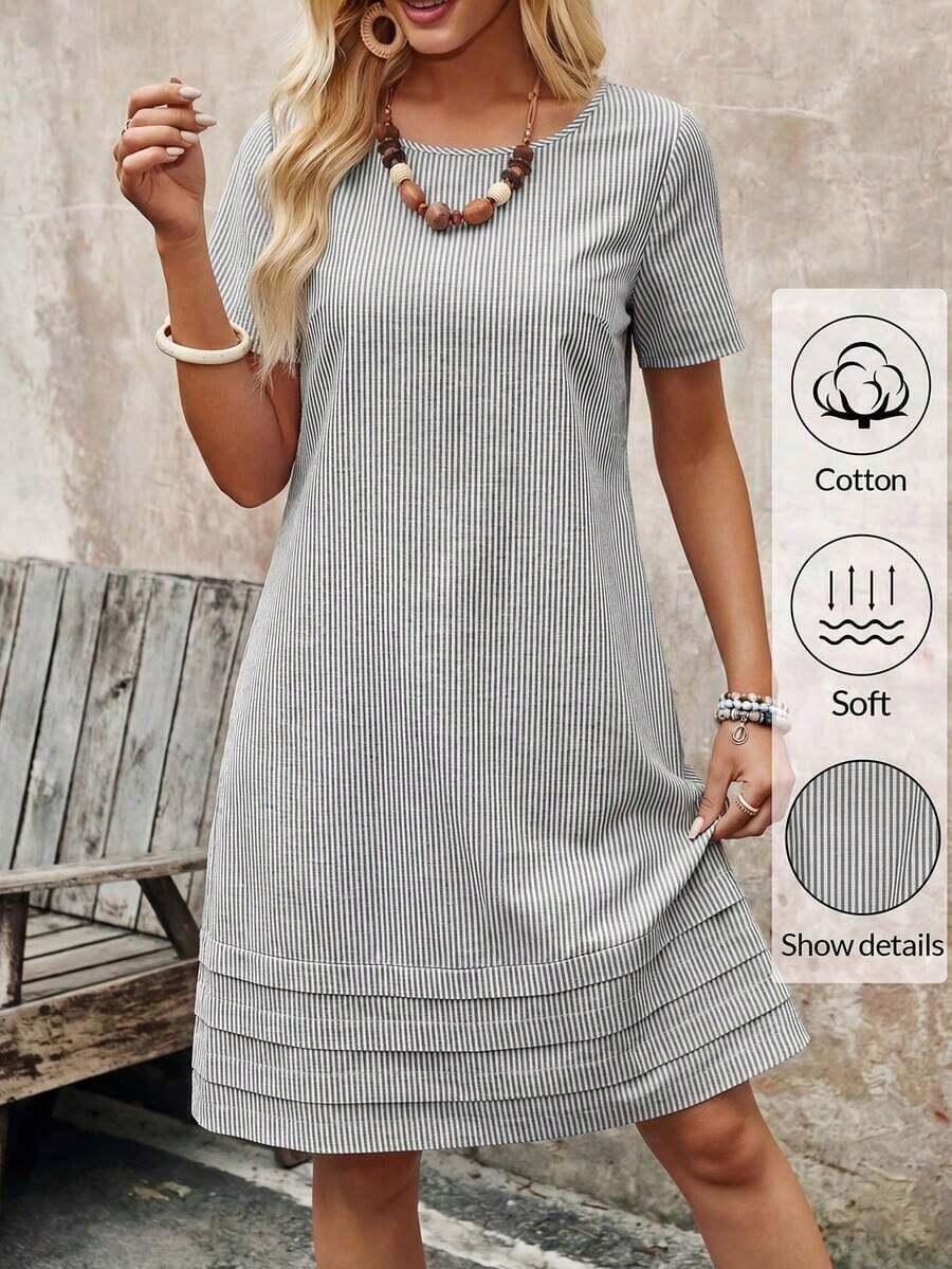 Vestido casual recto de unicolor, cuello redondo, manga corta para mujer, de verano - Blanco y Negro - Ver 1