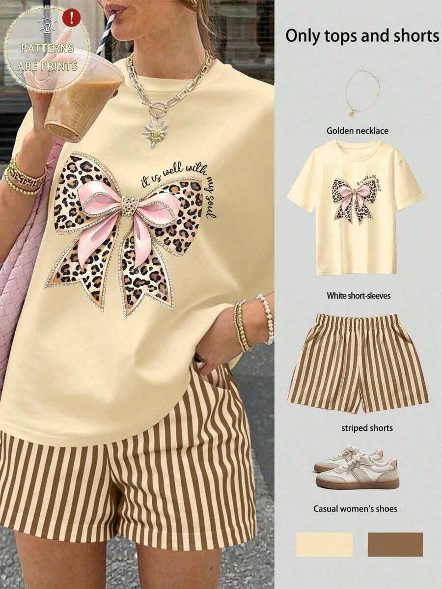 Set de 2 piezas: Camiseta de manga con estampado de corazón y diamante + Pantalones cortos de rayas verticales, estilo retro Y2K - Caqui - Ver 1
