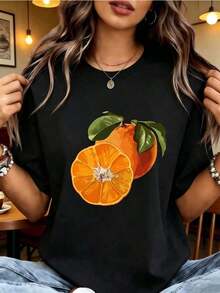 RegaloRegalo |     1 Playera para Mujer 100% Algodón Transpirable | Camiseta Casual de Manga Corta Rosa Brillante para Mujeres - Top de Cuello Redondo de Poliéster Suave con Estampado Geométrico de Rodajas y Hojas de Naranja Vibrante, Lavable a Máquina para Atuendo Casual de Primavera Verano, Camiseta con Estampado de Frutas, Tela para Todas las Estaciones, - Ideal para el VeranoSoftSoft - Negro - Ver 1