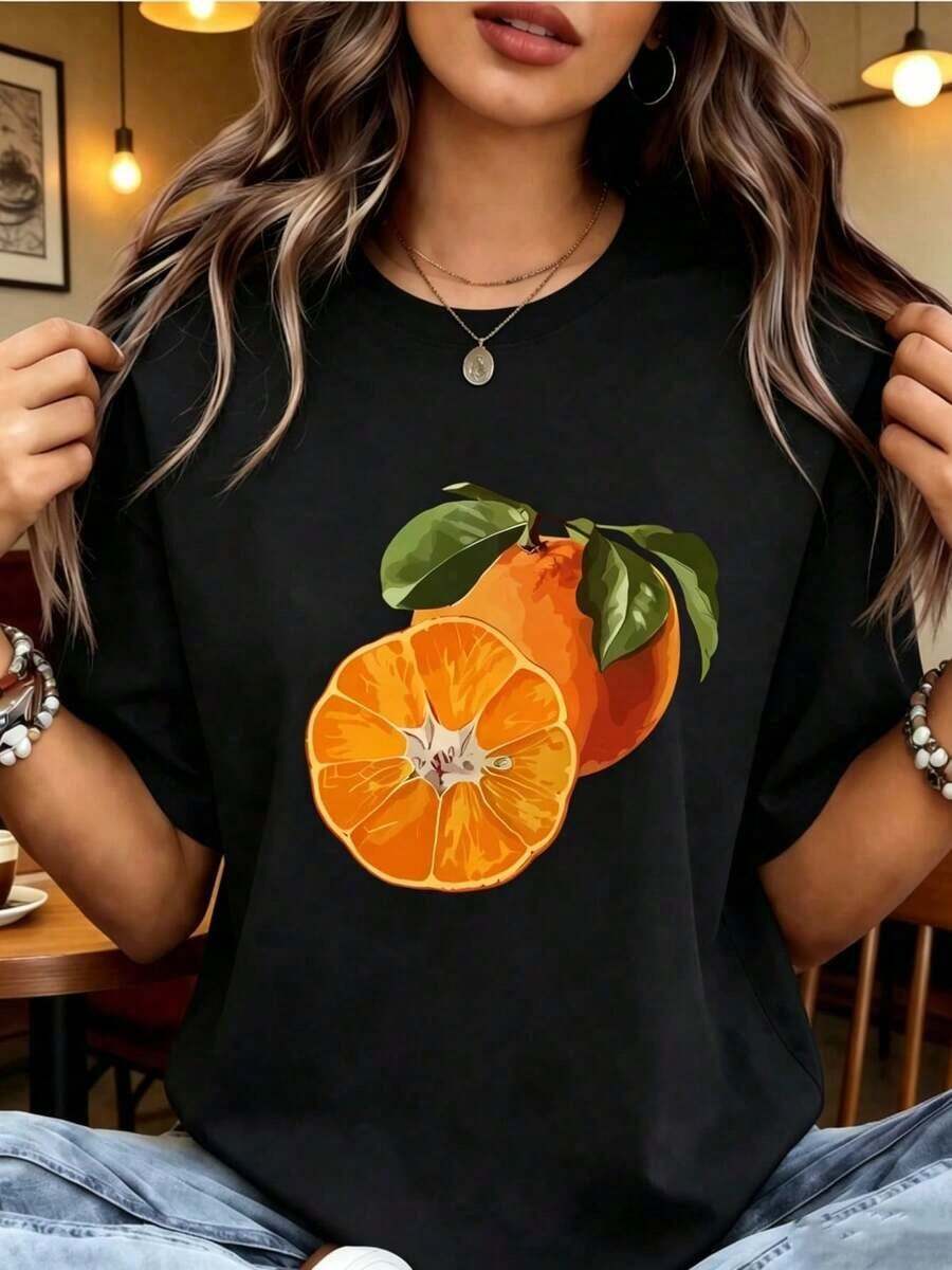 RegaloRegalo | 1 Playera para Mujer 100% Algodón Transpirable | Camiseta Casual de Manga Corta Rosa Brillante para Mujeres - Top de Cuello Redondo de Poliéster Suave con Estampado Geométrico de Rodajas y Hojas de Naranja Vibrante, Lavable a Máquina para Atuendo Casual de Primavera Verano, Camiseta con Estampado de Frutas, Tela para Todas las Estaciones, - Ideal para el VeranoSoftSoft - Negro - Ver 1