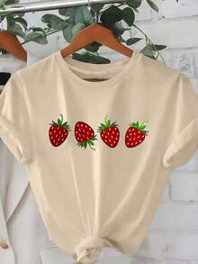 GiftGiftPlayera camiseta basica estampada grafica dama mujer manga corta cuello redondo estampado fresa fresas fruto frutas frutal strawberry gym gimnasio ejercicio aesthetic regular casual comoda fresca ligera suave moderna juvenil romantica bohemia salida casa diario dia playa calor primavera verano oficina versatil creativaSoftSoft - Beis - Ver 8