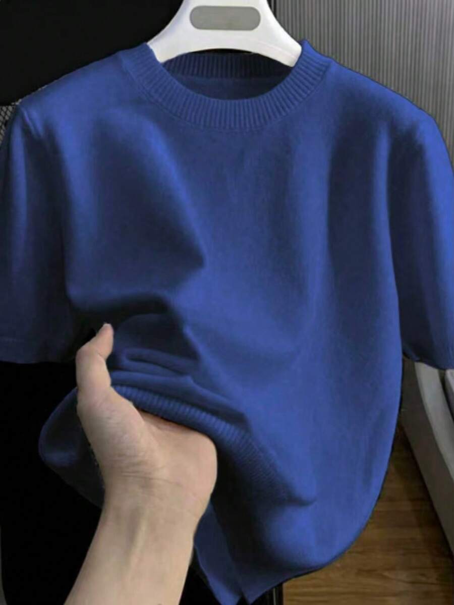 Men's Casual Versatile Solid Color Short Sleeve Knit Top, Suitable For Daily Wear And Commuting - Blue - View 1