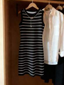 Vestido de mujer de cuello redondo ajustado sin mangas con estampado de rayas, primavera/verano - Multicolor 8 - Ver 3
