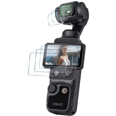 Bộ 6 phụ kiện cho Osmo Pocket 3, Pocket 4 - 3 miếng dán màn hình cường lực cho màn hình OLED, 3 miếng dán bảo vệ ống kính, siêu trong suốt, độ cứng 9H, chống trầy xước, cảm ứng nhạy, chống rơi vỡ, không bọt khí.