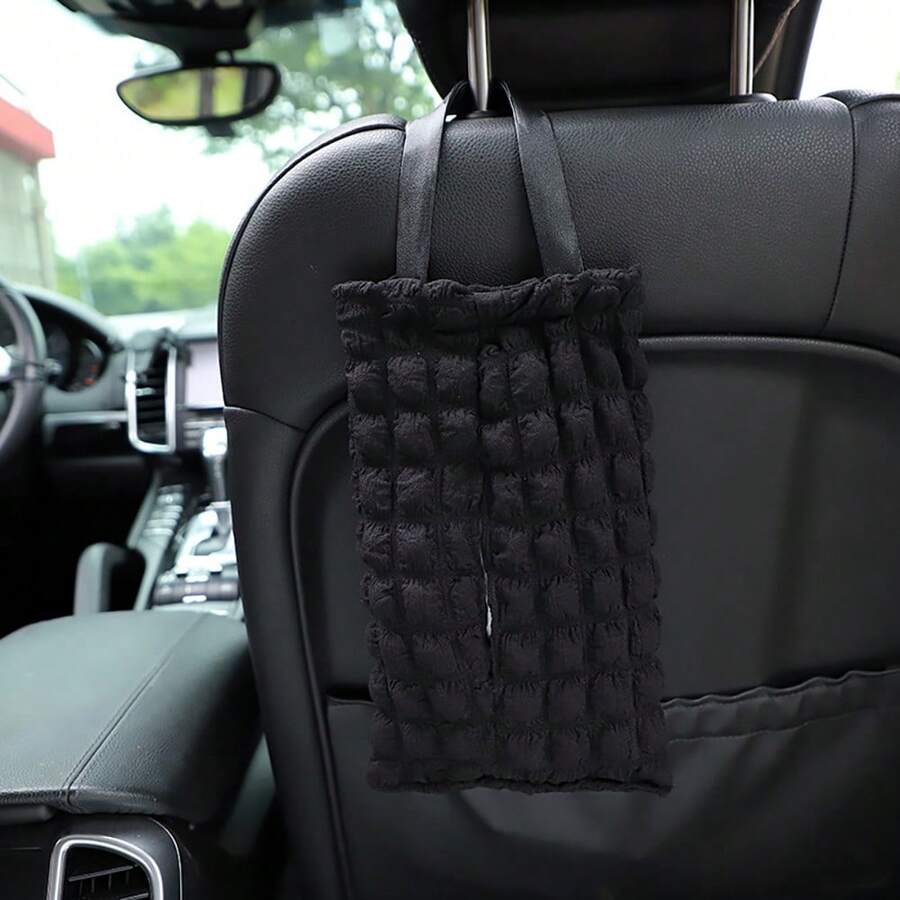 1pc Elegant Puff Grid Car Tissue Box Holder, Luxury Car Hanging Tissue Paper Dispenser - A - View 1
