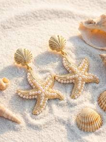 Summer Bohemian-Style Sea Star Shell Earrings With Exaggerated Design. Beach Vacation Ear Accessories. - Multicolor - View 3