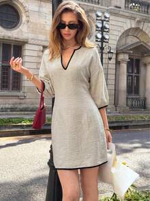 Woven Fabric Elegant Party Casual Fashion Contrast Trim Keyhole Neck Drop Shoulder Dress - Apricot - View 5