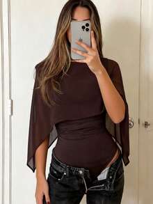 Áo choàng poncho bằng chiffon thanh lịch, lãng mạn dành cho nữ, thiết kế xếp ly dệt kim, thích hợp cho các buổi hẹn hò và tụ họp, áo liền thân ôm sát với cúc hình giọt nước ở phía sau. - màu nâu - Xem 3