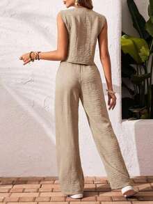 Set de 2 piezas de top de tirantes y pantalones de unicolor casuales de vacaciones - Champán - Ver 2