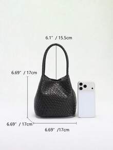 SCULPTEDSTYLE BAGS 1個裝高級女款純色PU壓紋編織格紋手提水桶包，百搭編織紋理翼形手提包，時尚簡約優雅多功能經典編織PU材質多風格包款，適合通勤、辦公、約會、日常購物、下午茶等場合 - 黑色 - 查看 2