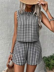 Conjunto de verano de mujer a cuadros, top sin mangas + shorts de cintura alta de 2 piezas, conjunto ligero y cómodo para vacaciones, adecuado para playa, viajes y compras, conjunto de 2 piezas para mujer, atuendo para exteriores, ropa casual, mujer de alta gama, atuendo de playa, conjunto de verano elegante para mujer - Blanco y Negro - Ver 4