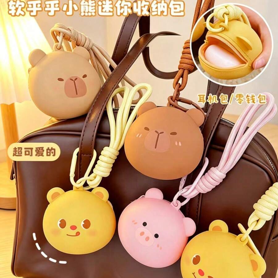 Monedero de silicona con forma de oso lindo, bolsa de almacenamiento de carpincho, llavero de cerdo para auriculares, colgante para mochila - Multicolor - Ver 1