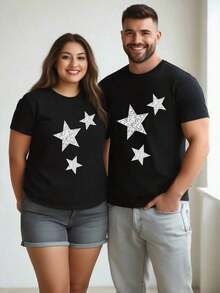 Women's Cotton T-Shirt With Round Neck And Graphic Print, Available In Black And White, Featuring A Silver Star Print Design, Casual Wear, Loose-Fitting Short-Sleeved T-Shirts For Spring,  Basic T-Shirts For Summer, Clothing Gift For Women. - 黑色 - 查看 3