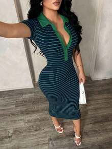 Vestido polo de manga corta a rayas blanco y negro de estilo minimalista y casual para ir al trabajo, vestido de punto de media longitud con ajuste ceñido y gran elasticidad, vestido elegante francés - Verde - Ver 2