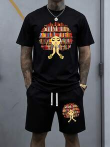 Colorful Bookshelf Afro Silhouette With Praying Hands Symbolizes Wisdom, Knowledge, Faith And Inner Power Graphic Print Men's Short Sleeve TShirt & Shorts Set 2pcs Set Urban Streetwear Casual Summer Outfit - 黑色 - 查看 1