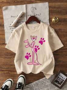 Suave Camiseta de cuello redondo y mangas cortas de ropa fashion, fabricada en México, para la temporada primavera-verano Con estampado de dibujos animados, es un modelo de pareja, apta para usar tanto por dentro como por fuera, ideal para oficina y estilo casual, diseñada para hombres y mujeres, en unidad individual, blusas para mujer elegante - Albaricoque - Ver 2