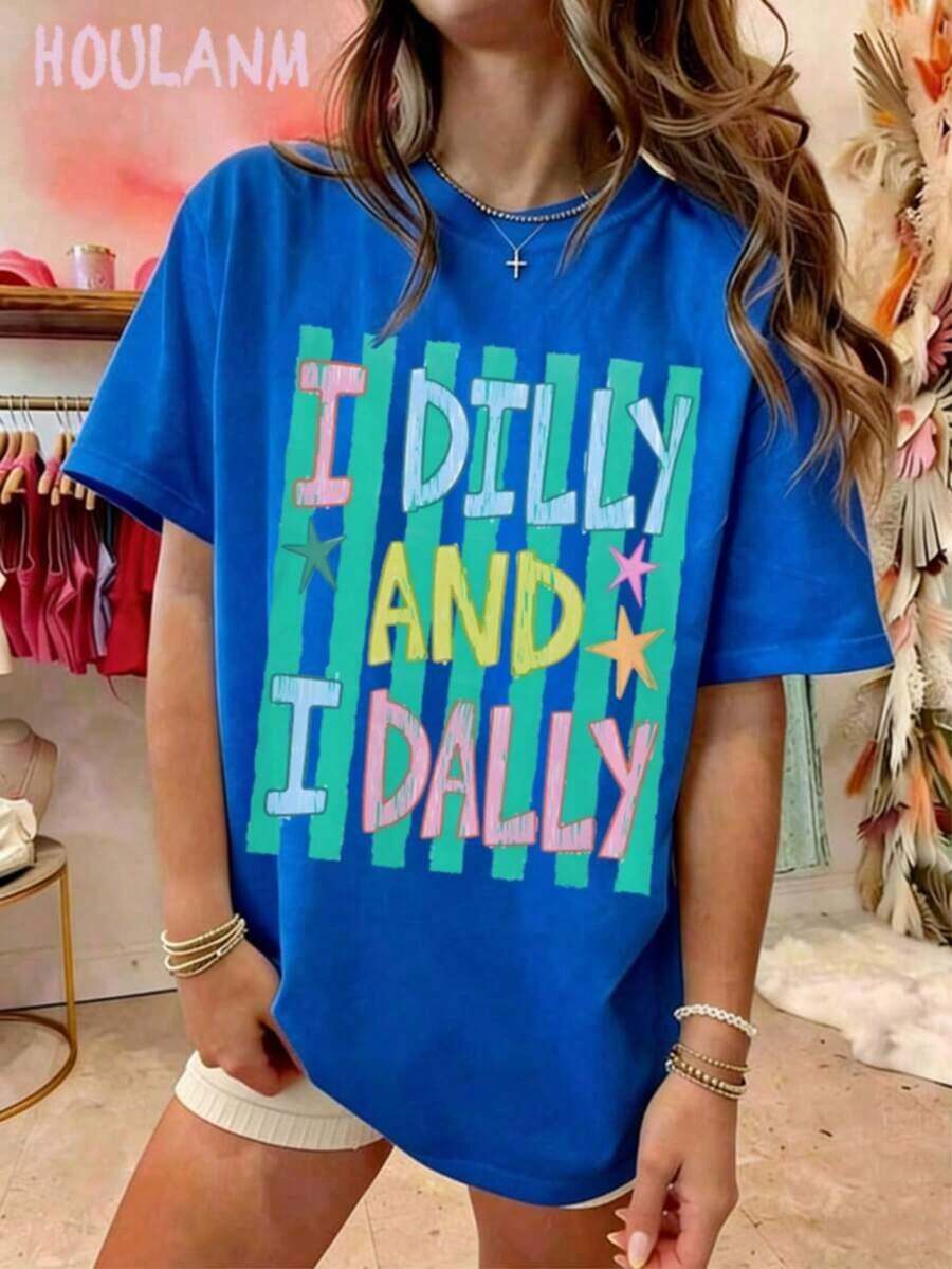 GiftGiftGiftGiftMexican National Soccer Team T-Shirt Women's Pink Striped Graphic T-Shirt "I Dilly And I Dally" | Spring Tops, Plus Size Short Sleeve T-Shirt, Women's Clothing, Women's Summer T-Shirts, Soft.SoftSoft - 藍色2 - 查看 1