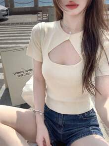 Damen Kurzarm Strick-Top mit Knopf, sexy Street Chic süßer Stil mit Ausschnitt-Design, geeignet für Mädchen, junge Frauen und Damen, ideal für Frühling/Sommer Tag/Nacht, Brunch, Urlaub, Ostern, Schulanfang und Feiertage - Aprikosenfarben - Übersicht 4