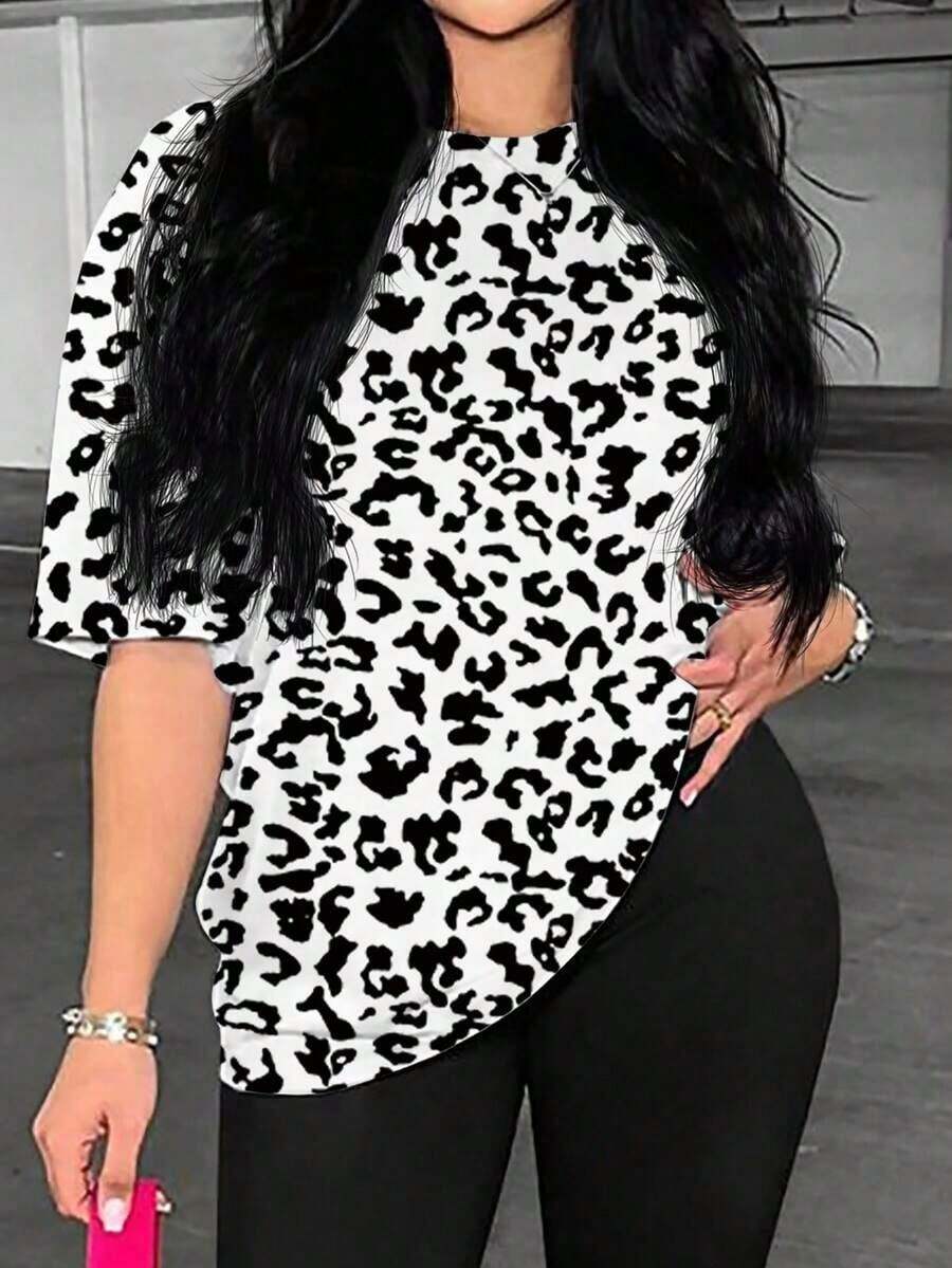 Nueva camiseta casual de mujer con cuello redondo y estampado de leopardo - Multicolor 2 - Ver 1