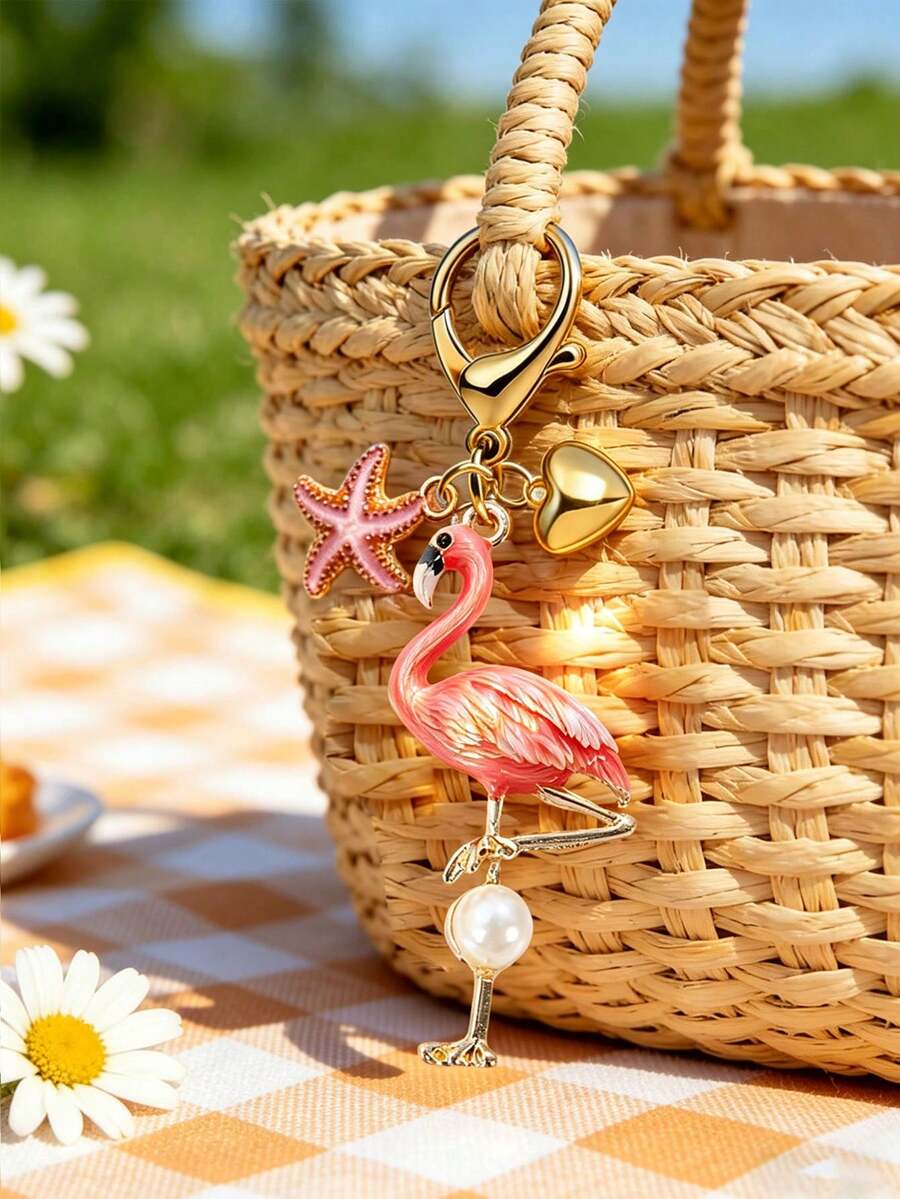 Pearl Flamingo Pendant With Heart-Shaped And Starfish Elements, Bohemian Vacation Style. Ocean Alloy Pendant, Hawaiian Tropical Style Pendant. Suitable For Backpacks, Wallet Decorations, Headphone Bag Accessories, Car Pendants, Fashionable And Minimalist Accessories, And Drip Jewelry. - one-size - View 1
