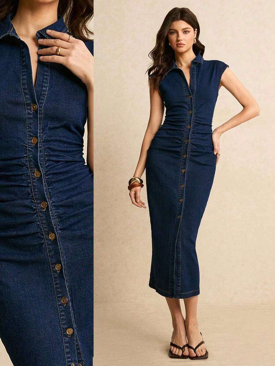 Vestido de mezclilla elegante para oficina/viaje con mangas abullonadas, silueta ajustada y bajo con abertura lateral, para verano - Azul lavado oscuro - Ver 1