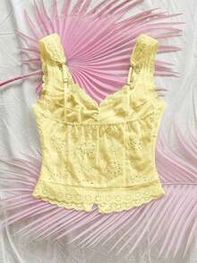 Top casual de mujer con bordado de ojales, adecuado para vacaciones, fiestas, té de la tarde, playa, citas, verano - Amarillo - Ver 2