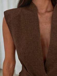 Pantalones anchos de mujer con cuello en V elegante, cintura ceñida y cintura elástica - Café integral - Ver 8