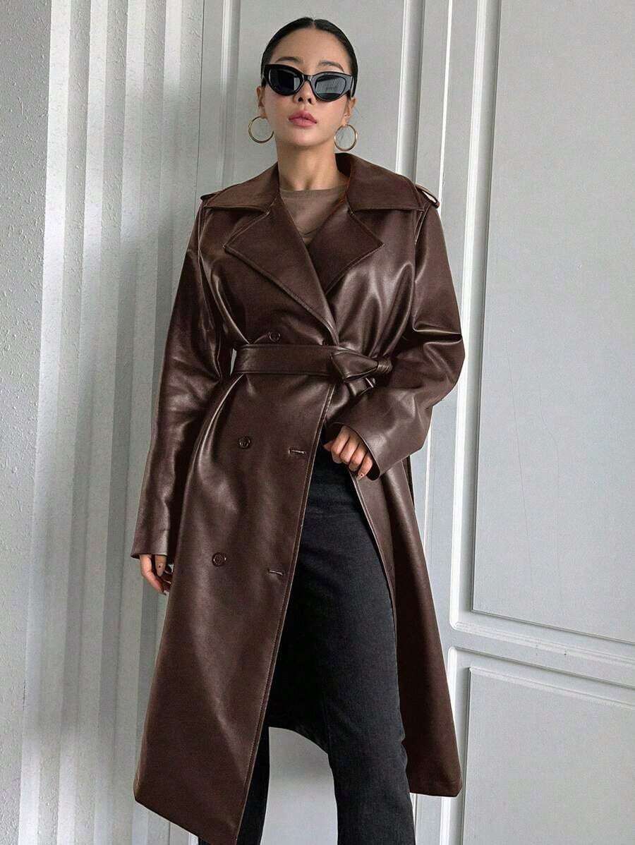 Abrigo de trinchera de piel de poliuretano con cinturón, cuello solapa y doble botonadura, estilo de moda callejera de unicolor para mujer, chaqueta de mujer de otoño, ropa de mujer de otoño - Óxido marrón - Ver 1