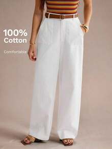Tall Pantalones anchos de cintura alta con bolsillos, pantalones casuales de mujer 100% algodón blancos - Blanco - Ver 7