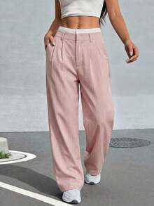 Pantalones anchos de mujer con pliegues y rayas, con cintura de bloques de color para otoño/invierno - Rosa Pálido - Ver 5