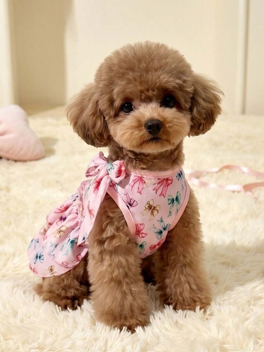 LUCKIE PAL 1pc Colorful Bowknot Pattern Elegant Halter Pet Dress Suitable For Chihuahua Small Dogs Wedding Dog Clothing Pet Dress For Cats And Dogs Indoor And Outdoor - Pink - View 1