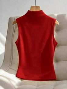 Blusa sin mangas con escote en V y decoración metálica minimalista y elegante, adecuada para el trabajo - Rojo - Ver 2