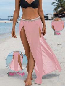 Falda de malla con abertura alta para vacaciones de verano en la playa + Adorno de concha y estrella de mar con ribete de cinta para mujer - Rosa - Ver 5