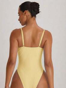 Traje de baño con cuello recto, tirantes y corte alto en la pierna, tipo cheeky.Traje de baño básico unicolor para vacaciones, verano y viajes a la playa. - Amarillo claro - Ver 4