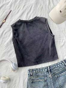 Camiseta de tirantes corta con cuello redondo y estampado de limones, adecuada para el verano - Negro 6 - Ver 7
