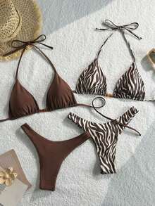 Conjunto de traje de baño de 4 piezas con cuentas marrón y a rayas, para primavera/verano 2026, conjunto de bikini de alta gama para resort de playa - Multicolor 8 - Ver 4