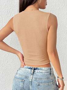 Chaleco casual de mujer de un solo pecho con cuello redondo de unicolor - Caqui - Ver 2