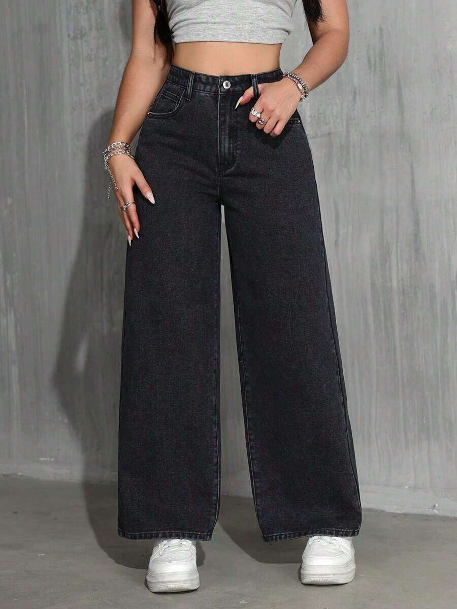 Jeans rectos y sueltos con bolsillos - Gris Oscuro - Ver 1