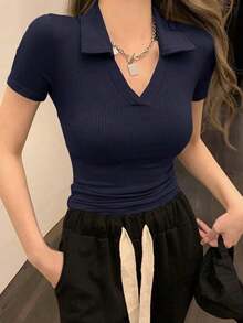 Camiseta de manga corta de cuello polo de color liso y ajuste ceñido para mujer, de uso casual en verano - Azul marino - Ver 2
