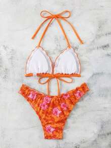 Conjunto de bikini de dos piezas con estampado de lunares, camiseta con lazo sexy y traje de baño para vacaciones en la playa para mujer - Naranja - Ver 2