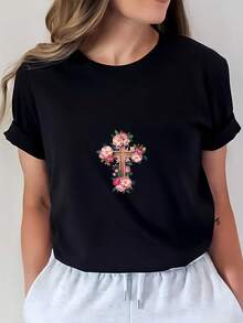Camiseta de Mujer con Cuello Redondo de 180G - Diseño Floral con Letras, Perfecta para Reuniones Familiares, Eventos de Empresa y Regalos |   Cómodo y elegante |   Ideal para festivales de verano y celebraciones navideñas. Blusas para Mujer Casual - Negro - Ver 1
