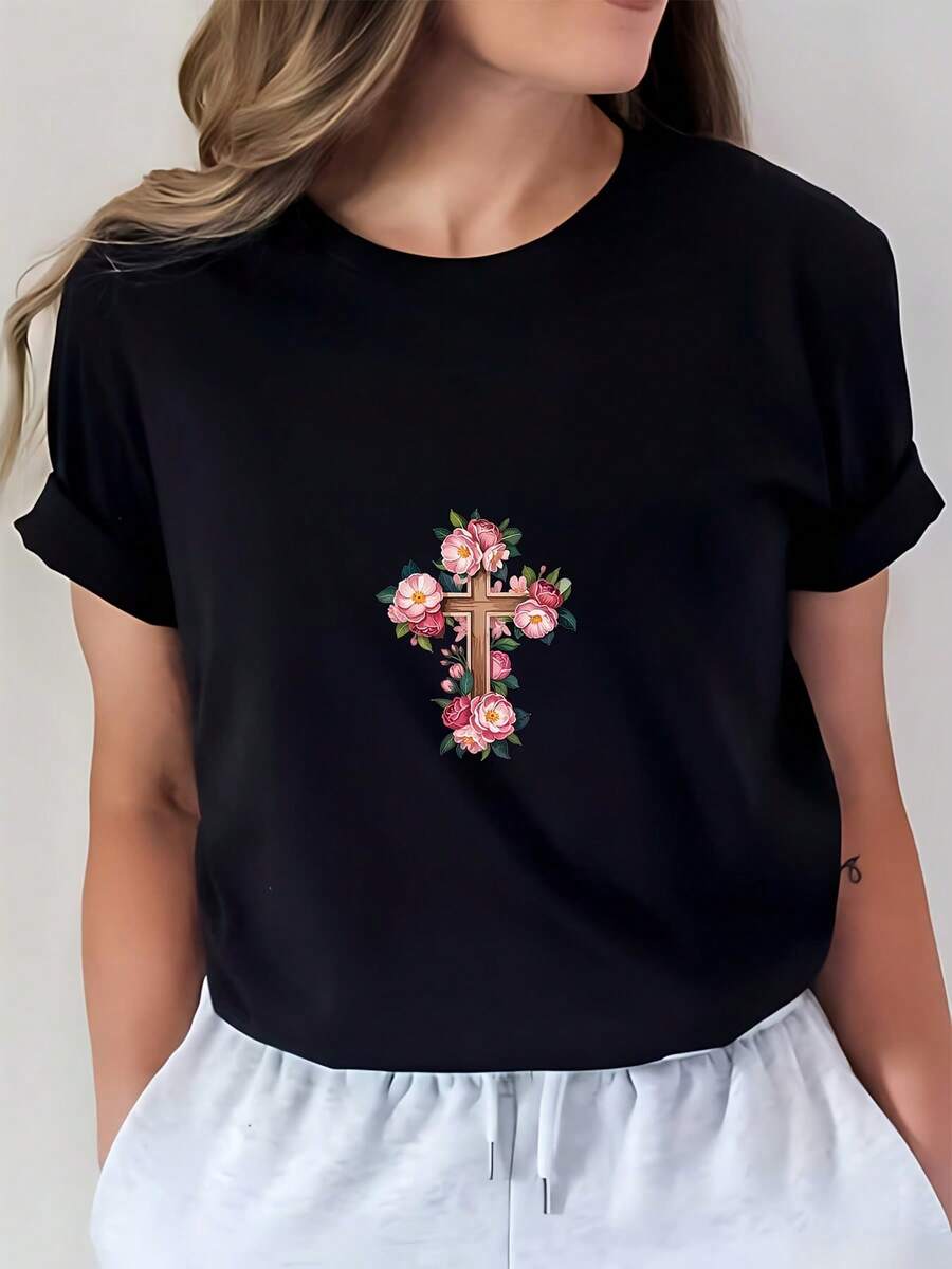 Camiseta de Mujer con Cuello Redondo de 180G - Diseño Floral con Letras, Perfecta para Reuniones Familiares, Eventos de Empresa y Regalos | Cómodo y elegante | Ideal para festivales de verano y celebraciones navideñas. Blusas para Mujer Casual - Negro - Ver 1