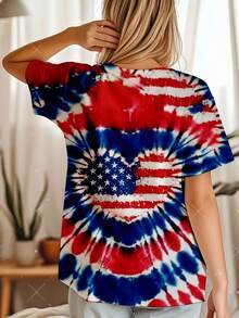 Women's Oversized American Flag Tie-Dye T-Shirt 0XL-9XL - Heart-Shaped USA Flag Print, Casual Summer Festival & 4th Of Outfits, Comfortable Round Neck Tee For Year-Round Wear (Machine Washable) - màu đen - Xem 5