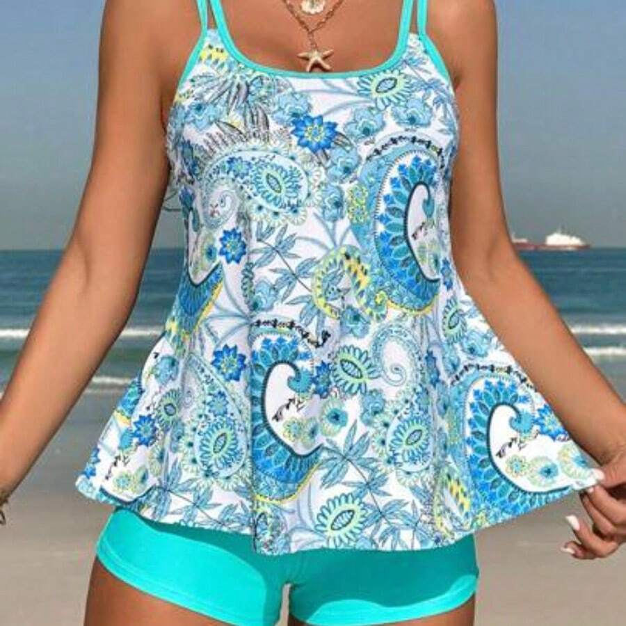 Swim Lushore Summer Beach Paisley Print Cami Top And Solid Boxer Briefs Two Pieces Swimwear - Azul - Ver 1