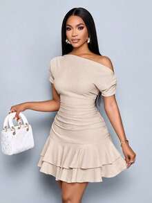 Vestido mini con mangas largas, cuello asimétrico, doble volante y pliegues en color albaricoque elegante para fiesta y día en tejido de punto - Albaricoque - Ver 1