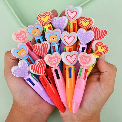 1/5/10pcs Heart Topper Multicolor Ballpoint Pen Cute Kawaii Novelty Writing Pen Smooth Ink Retractable Stationery Office Desk Supplies Planner Journal Notes Creative Gift Pen Decorative Desk Accessory