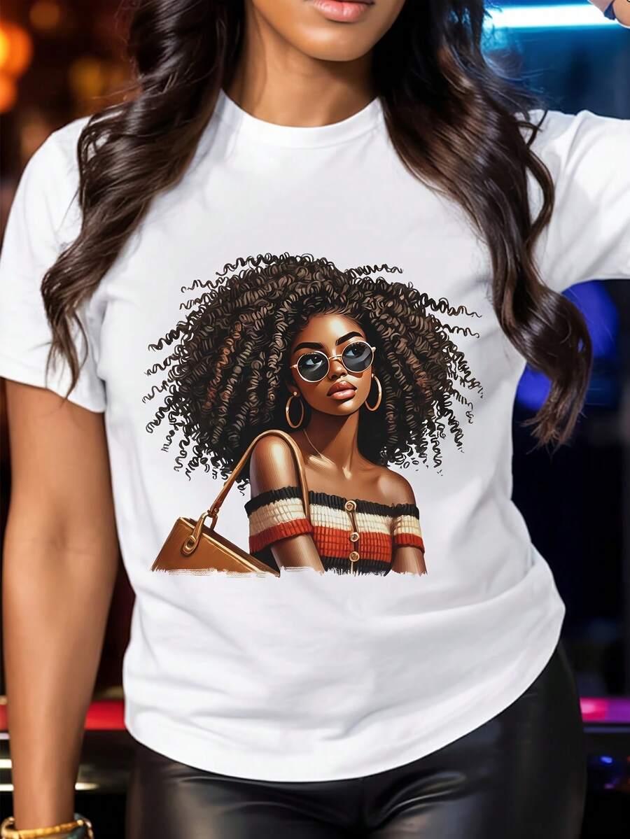 Camiseta Suave y Transpirable para Mujer - Diseño Elegante con Estampado de Mujer Afroamericana de Cabello Rizado, Gafas de Moda y Bolso - Top Casual de Manga Corta con Cuello Redondo para Primavera/Verano - Moda Versátil, Ajuste Holgado y Cómodo, Atuendo Casual a la Moda, Camiseta Suave para Mujer