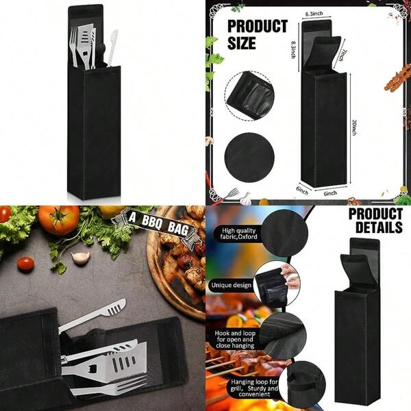 Grill Storage Bag BBQ Tool Storage Black Container For Utensils Waterproof Oxford Cloth Grill Tool Holder Foldable BBQ Utensil Holder With Handle For Camping Hiking 1 Pcs